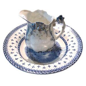 Royal Crown Ducal Albion 8" PLate & A. Stucco Pitcher Blue Italian Floral